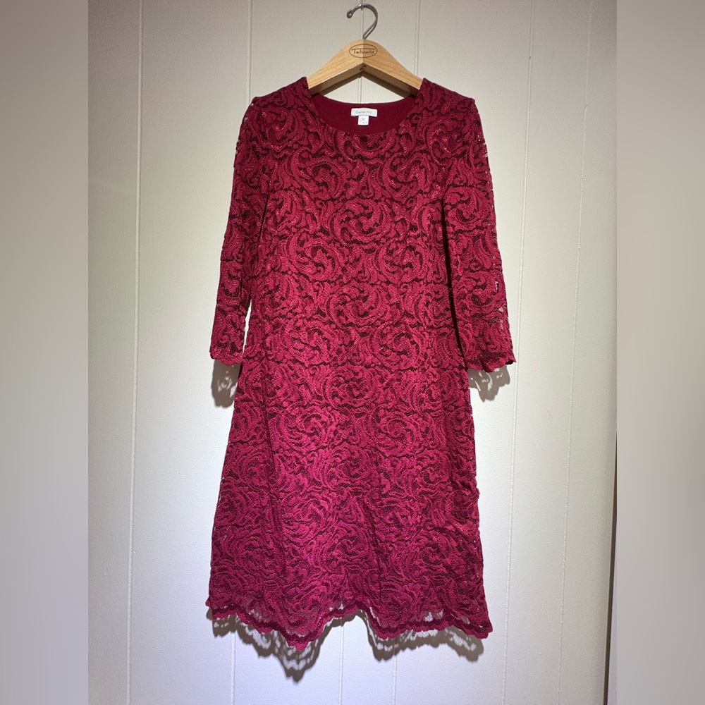 Garnet Hill red lace dress ponte knit 8 cranberry